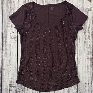 LOFT Purple Sequin‎ Fitted Short Sleeve Blouse